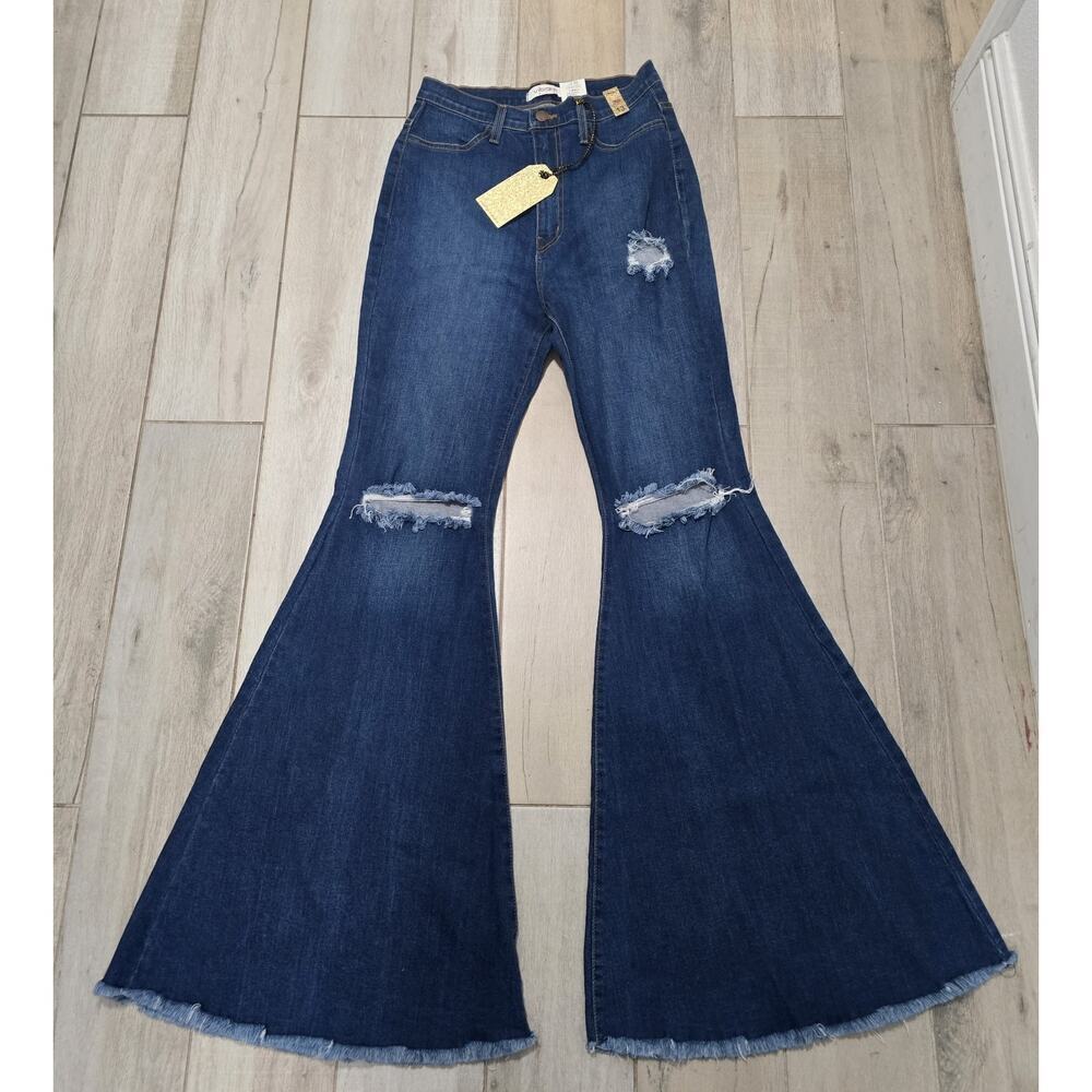 Vibrant Jeans Women 13 W30 Blue Bootcut High Rise Distressed Bell Bottom Y2K - Picture 2 of 10